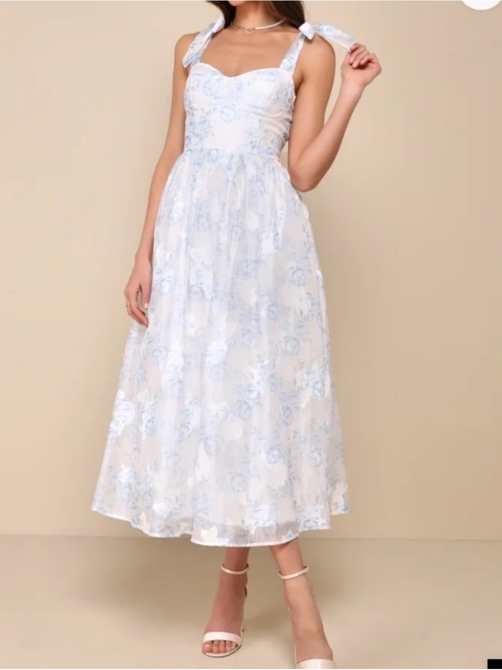 Light Blue Floral Tie-Shoulder Midi Dress- Lulus